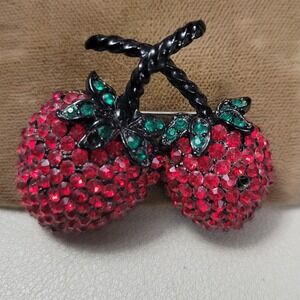 Vintage WEISS Unsigned Double Strawberry Red Green Rhinestone Fruit Brooch AS IS